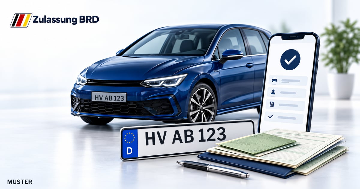 Online Fahrzeugzulassung in Tangerhütte: Musterkennzeichen HV AB 123, Auto und Fahrzeugpapiere und Smartphone. Illustration mit Logo von Zulassung BRD.